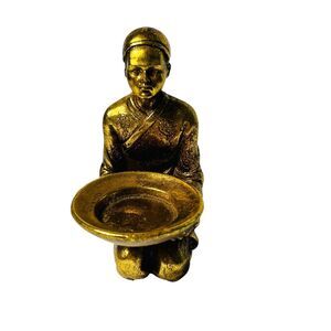 Gold Resin Kneeling Figurine Tea Light Incense Cone Holder Meditation 5.5"